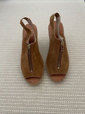 Andre Assous Brown Suede Peep-Toe Wedge Sandals with Front Zips
